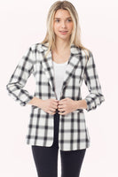Plaid Ruched 3/4 Sleeve Buttonless Stretchy Blazer