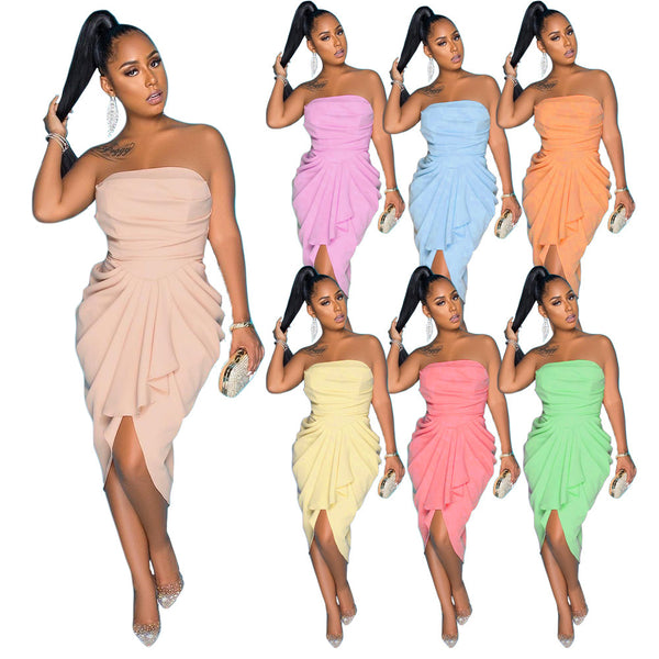 Women's Fashion Waist-slimming Solid Color Pumping Pleated Dress